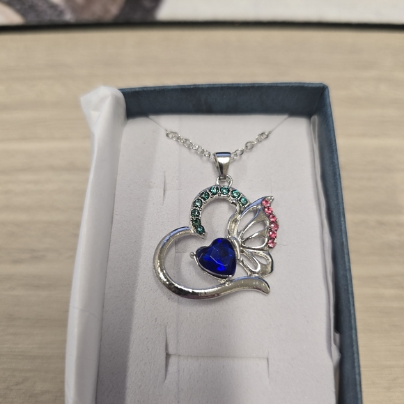 Butterfly and Heart Pendant Necklace with Blue and Pink Accents, Brand New! - Picture 2 of 3